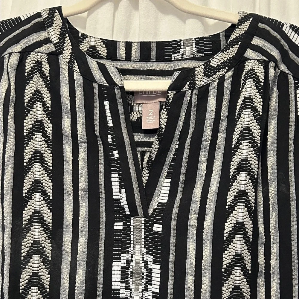 Chico's Dress Women’s L Black/White Aztec 3/4 Sleeve Tiered - Picture 3 of 16